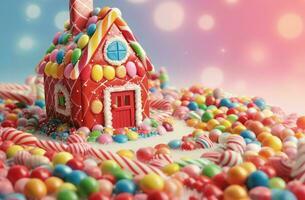 Colorful ginger candy house shot. Generate Ai photo