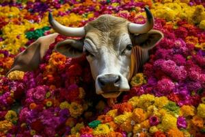 Bull flowers colorful sitting. Generate Ai photo