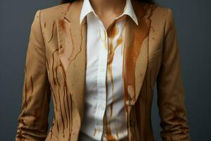 Woman showing stain of coffee her jacket and white shirt. Generate Ai photo