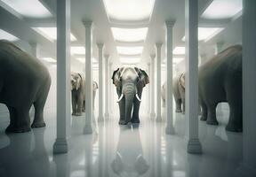 Elephant mirror surreal room columns. Generate Ai photo