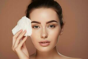 Young beauty woman cleaning her face with cotton pad. Generate Ai photo