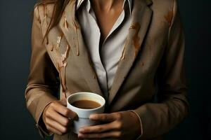 Woman showing stain of coffee her fashion jacket. Generate Ai photo