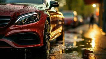 Detail of a wet red car with water droplets.. Generative AI photo