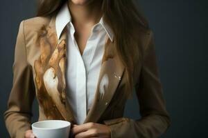 Woman showing stain of coffee her office jacket. Generate Ai photo