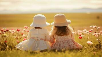 Two little girls wearing matching dresses and hats are sitting on greenery. Generative AI photo