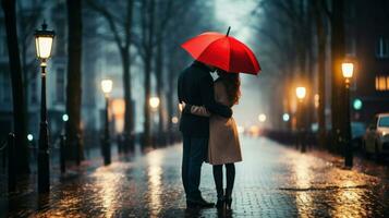 Close-up of a couple sharing a red umbrella during rain.. Generative AI photo