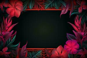 Tropical leaves in neon colors and glowing frame. Generate Ai photo