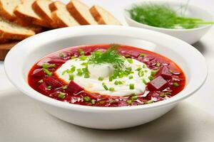 Tasty borscht with sour cream and sliced bread. Generate Ai photo