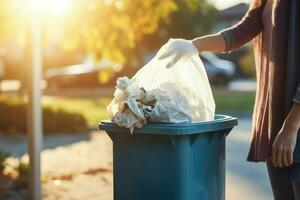 Woman opening bin to throw trash bag at morning. Generate Ai photo