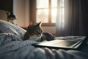 Cat laptop freelancer sitting at bed. Generate Ai photo