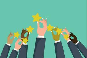 Hands rise to the top of the star on a green background. Feedback recognition vector