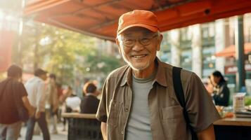 asiático antiguo hombre visitando un calle mercado en el calles de Asia. generativo ai foto