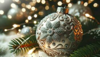 Close-up photo of a beautifully adorned Christmas ornament, glistening under soft fairy lights.. Generative AI