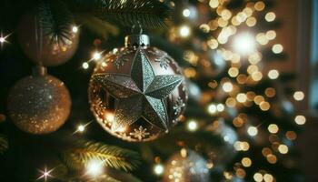 Wide shot capturing a close-up of a Christmas ornament hanging delicately from a tree. The ornament, a shimmering golden star, reflects the twinkling. Generative AI photo