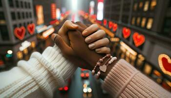 Close-up image of two hands intertwined, showcasing diverse skin tones.. Generative AI photo