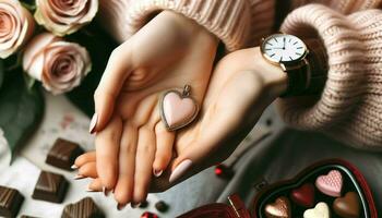 Close-up shot of two hands, one with painted nails and the other with a wristwatch, delicately holding a heart-shaped locket between them.. Generative AI photo