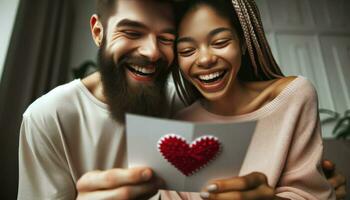 Close-up photo of a man with a beard and a woman with braided hair, both of diverse ethnic backgrounds, looking joyfully at a Valentine's Day card. Generative AI