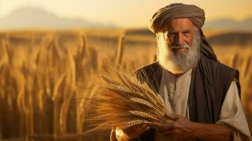 antiguo granjero en pie en su campo y participación trigo en su manos. generativo ai foto