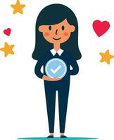 mujer con un verificado símbolo en manos vector ilustración, mujer de negocios, negocio persona participación un verificado símbolo estrellas y corazones valores vector imagen