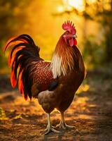 Close-up photo of a rooster in the early morning light. Generative AI