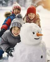 un grupo de asiático niños haciendo un muñeco de nieve. generativo ai foto