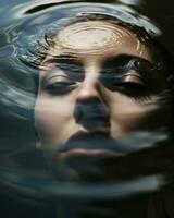 minimalista fotografía capturas el tranquilidad de un mujer sumergido en agua con su ojos cerrado.. generativo ai foto