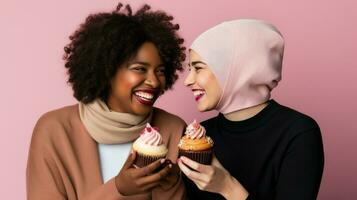 Two smiling female friends holding cupcakes. Generative AI photo