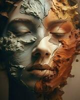 A minimalist portrait of a woman sculpted from clay, showcasing the beauty of art in fall colors.. Generative AI photo