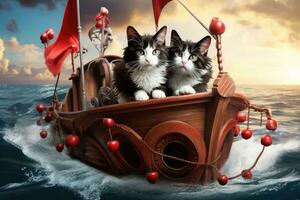 gatos en un barco en el mar. 3d ilustración, dos negro y blanco gatitos en un cartulina caja con rojo corazones, ai generado foto