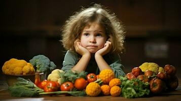 un pequeño niña reflexionando en medio de un vegetal desparramar. generativo ai foto