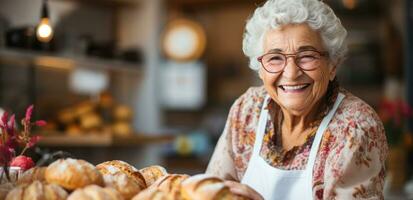 Elderly woman with glasses smiling while baking.. Generative AI photo