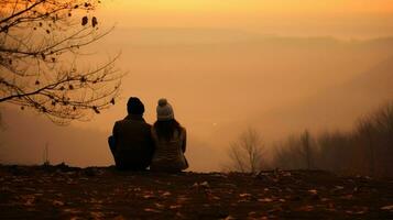 A couple watching the view from the edge of the cliff in foggy weather. Generative AI photo