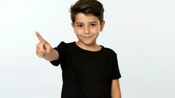 pequeño chico en un negro camiseta señalando en uno dirección. generativo ai foto