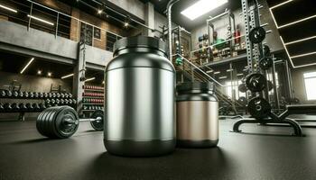 Wide angle photo emphasizing the contrast between the blank modern protein powder jars in gym steel and protein beige and the backdrop of a gym setting. Generative AI