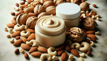 Close-up photo of blank organic nut butter jars meticulously arranged amidst a spread of various nuts like almonds, cashews, and walnuts.. Generative AI