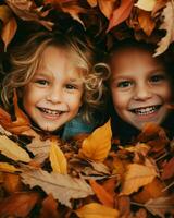 Two joyful kids, their faces beaming, surrounded by vibrant autumn leaves, creating a picturesque moment of pure happiness.. Generative AI photo