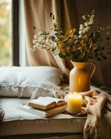 A comfortable bed with a lit candle and a book resting on the windowsill.. Generative AI photo