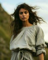 Elegantly dressed woman against a scenic hill backdrop. Generative AI photo