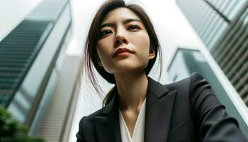 Photo of a female business executive of Asian descent, viewed from a low angle. Generative AI