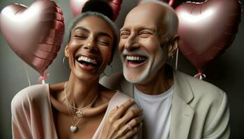 Photo of happy couple in front of pink heart-shaped balloons meeting on Valentine's Day. Generative AI