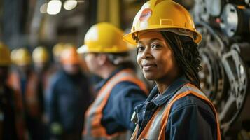 Young female engineer in protective helmet and clothes at work site. Generative AI photo