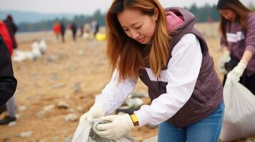 joven asiático mujer voluntario con un brillante sonrisa, coleccionar basura.. generativo ai foto