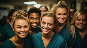 Smiling young medical professionals in a group setting.. Generative AI photo