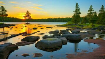 puesta de sol escena a un sereno lago con rocas y arboles en el distancia.. generativo ai foto