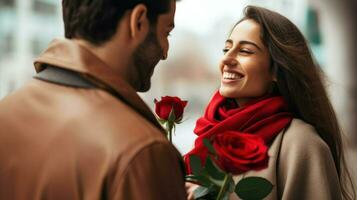 Couple holding roses in their hands meeting on Valentine's Day. Generative AI photo