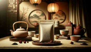 Close-up photo of blank delicate tea bags packaging prominently displayed in the foreground, adopting an oriental red and calm beige color palette.. Generative AI