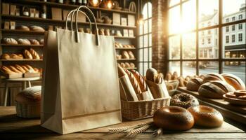 Morning sun hits a bakery shop, empty kraft shopping bag in the foreground. Generative AI photo