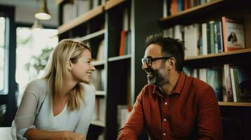 Man with glasses and woman chatting about work between bookshelvesq. Generative AI photo