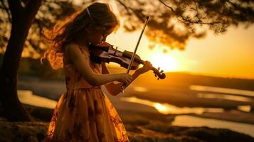 joven niña jugando violín en naturaleza a puesta de sol. generativo ai foto