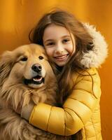 Smiling little girl hugging her dog in front of orange background. Generative AI photo